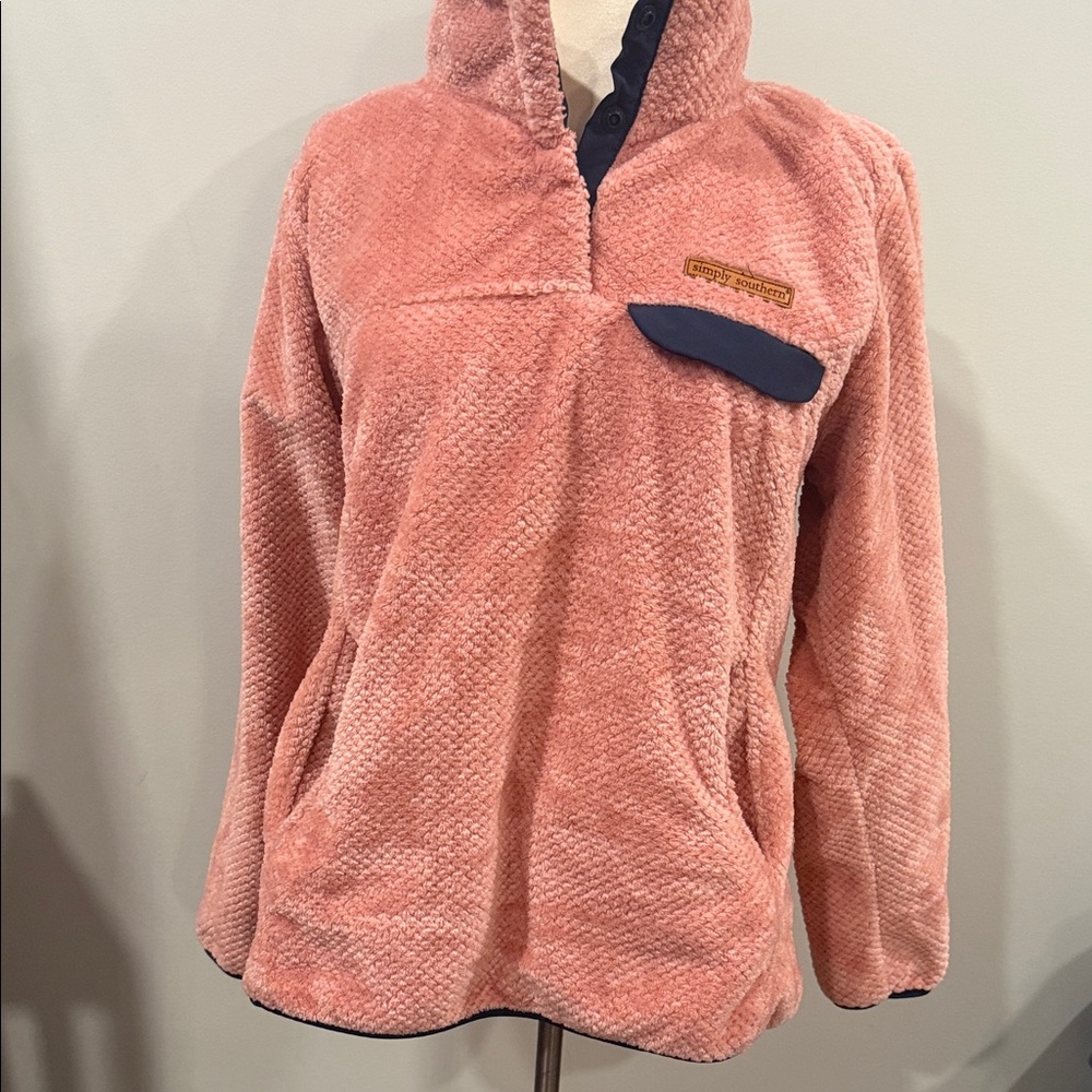 Simply Southern Pink Fleece Pullover with Navy Accents